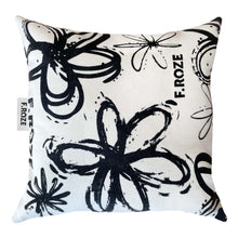 Load image into Gallery viewer, Black and white floral printed cushion with a duck feather inner
