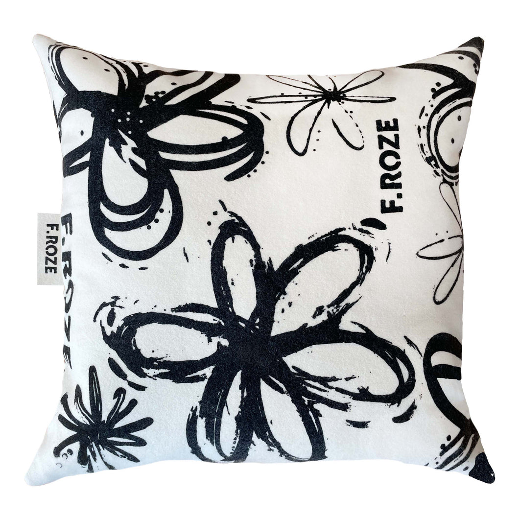 Black and white floral printed cushion with a duck feather inner