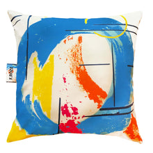 Load image into Gallery viewer, Blue, abstract and funky cushion printed on to luxury linen. Made in the Uk

