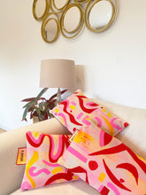 Load image into Gallery viewer, Pink and red hand printed funky cushions to spice up your interiors
