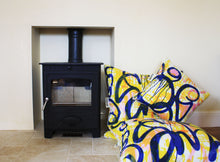 Load image into Gallery viewer, Yellow and Blue graffiti cushion
