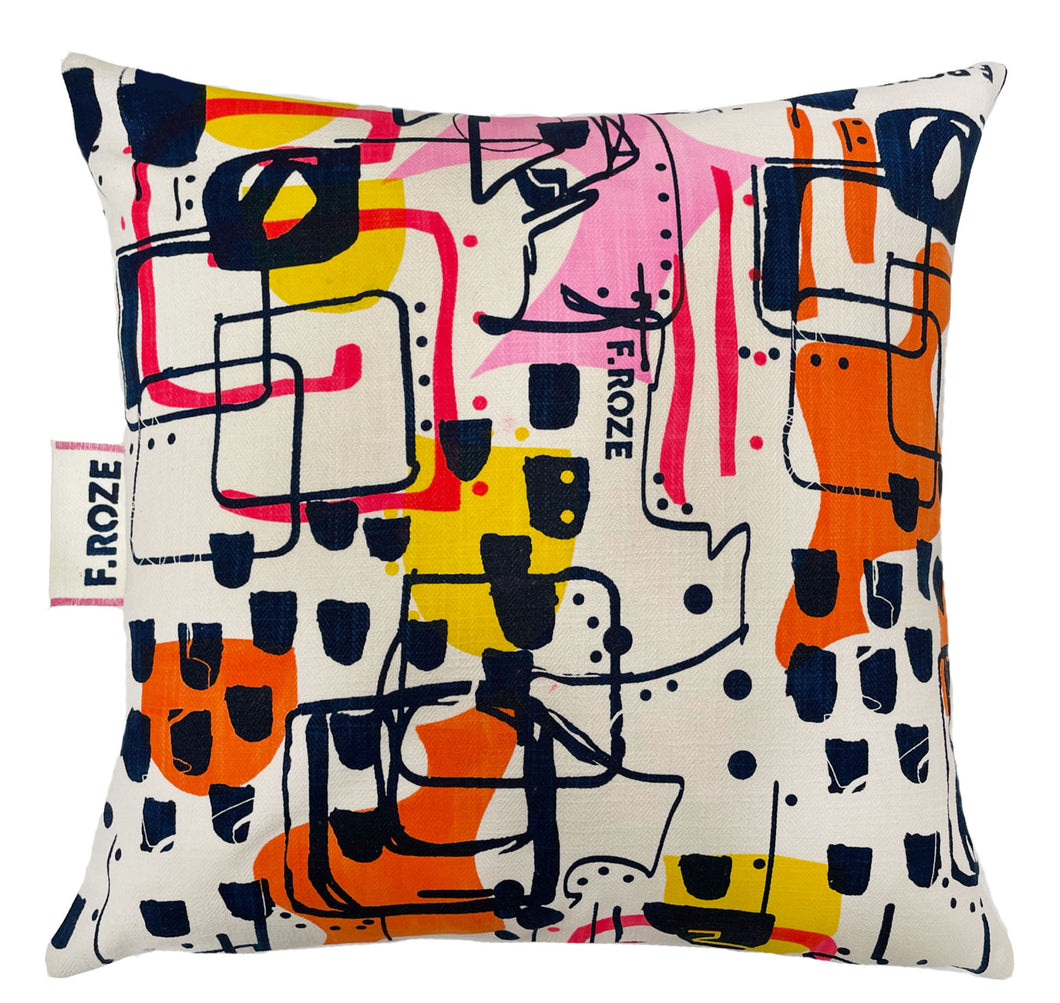 Yellow, red, pink and orange abstract printed cushion