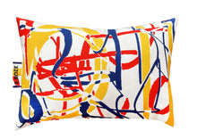 Load image into Gallery viewer, Blue, red and yellow abstract cushion. Printed on to luxury linen
