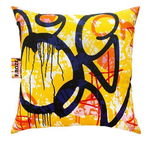 Yellow and Blue graffiti cushion