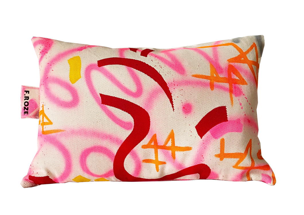 Pink and red hand printed abstract cushion